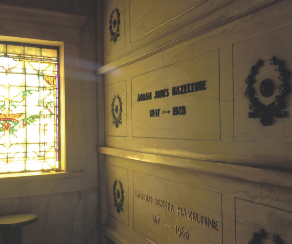 At left, a look into the mausoleum and the marker for A.J. Hazeltine's resting place. 